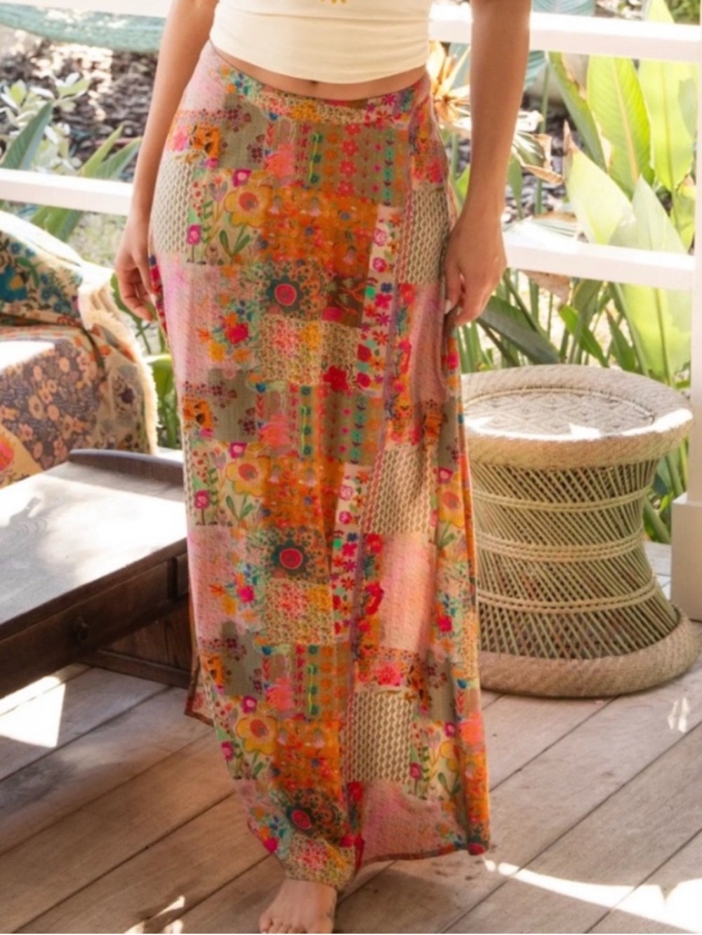 Natural Life patchwork print colorful side slit maxi skirt